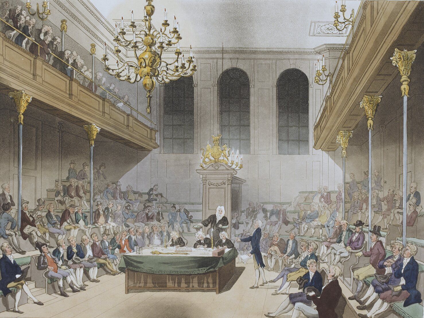 The House of Commons in 1808: members on green benches around the clerks' table, under a brass chandelier, with spectators in the galleries.