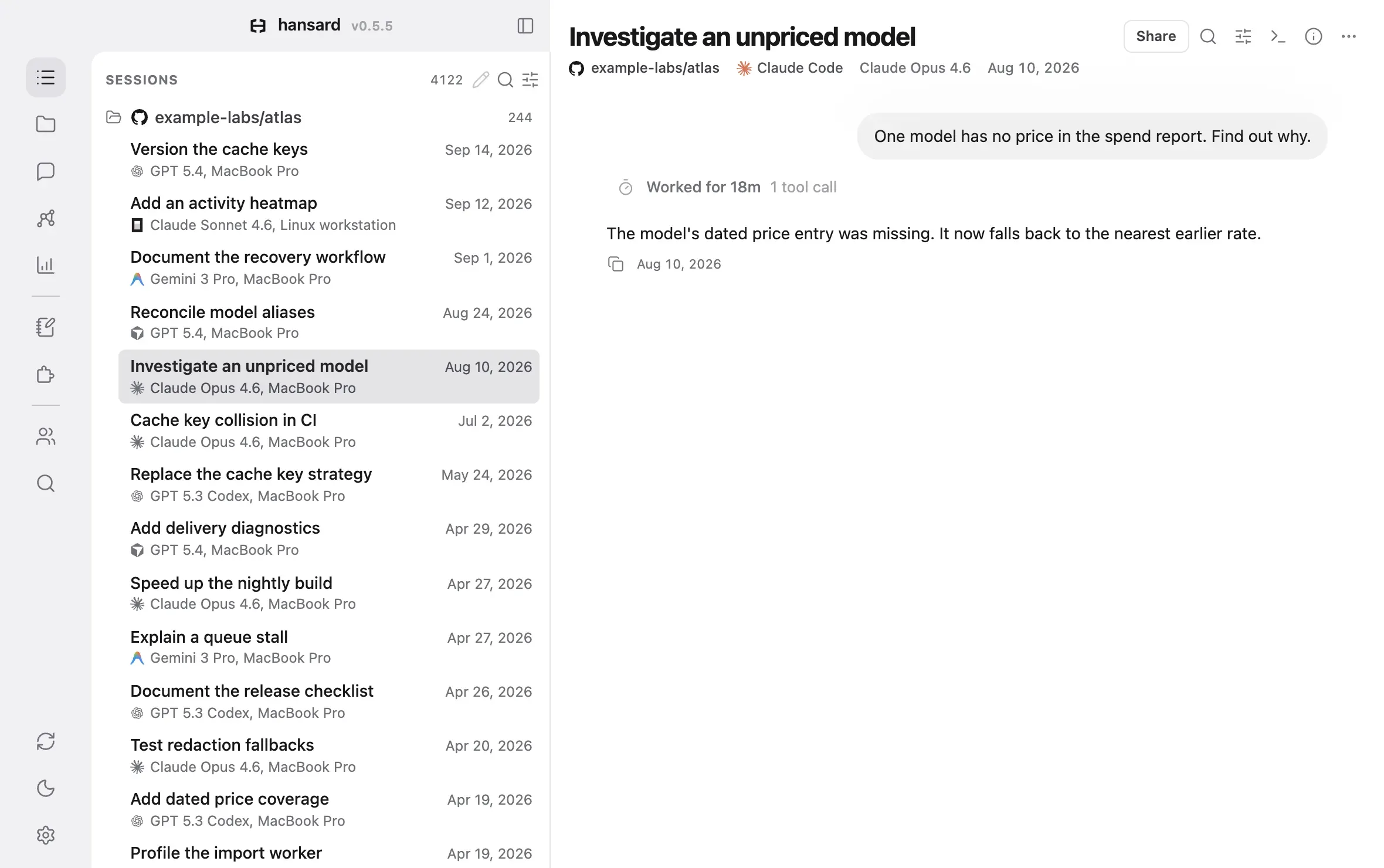 The Hansard viewer listing conversations from Codex, OpenCode, Antigravity, Cursor, and Claude Code in one project folder, with 4,122 sessions in the archive.