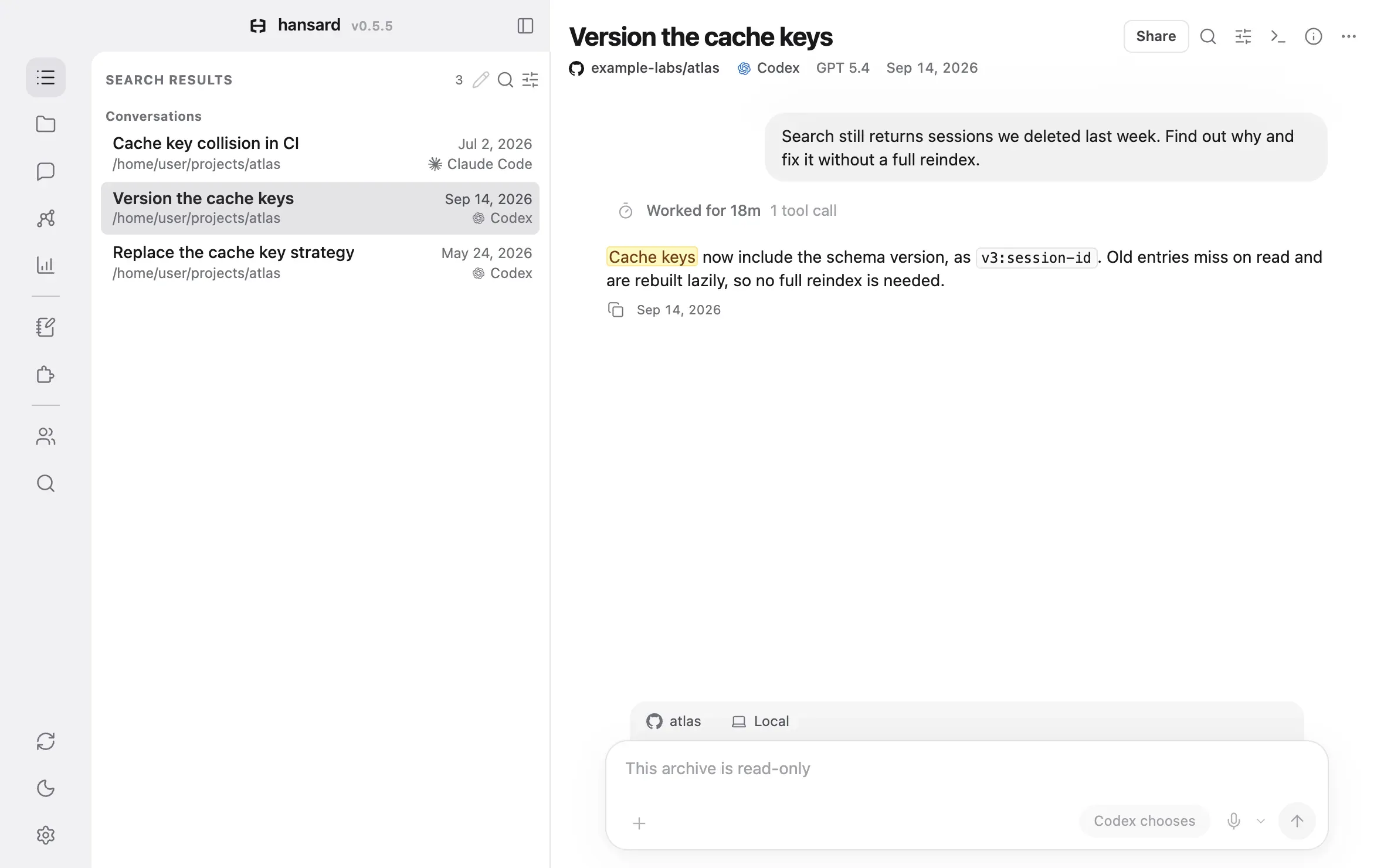 The Hansard viewer after searching for cache keys: three results from Codex and Claude Code, with the match highlighted in the open conversation.
